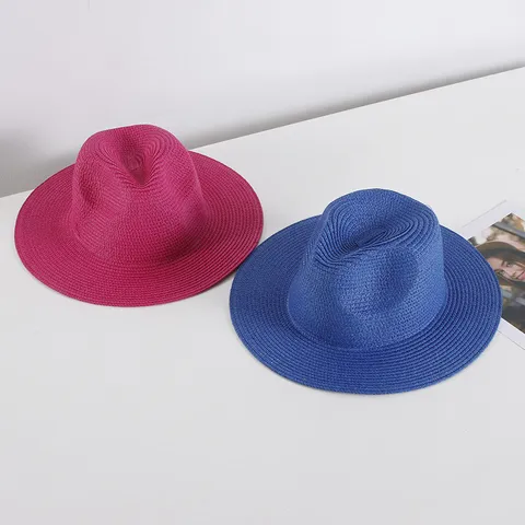 Damen Gewebter Strohhut Sommer Sonnenschutz Strand Fedora Breite Krempe Einfarbig Sonnenhut Für Urlaub Lässig Reisen Outdoor