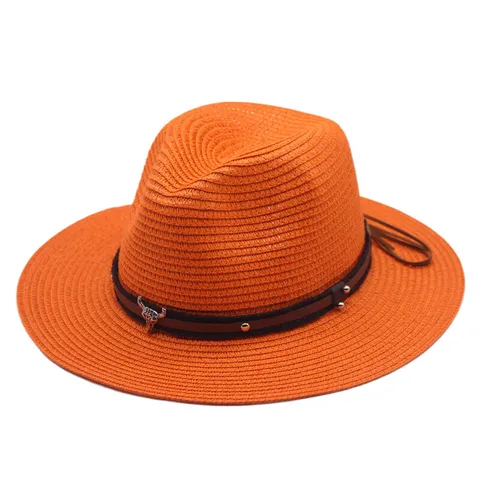 Französischer Vintage Stroh Sonnenhut Für Damen Britischer Stil Panama Hut Mit Lederseil Metall Stier Dekor Sommer Strandhut