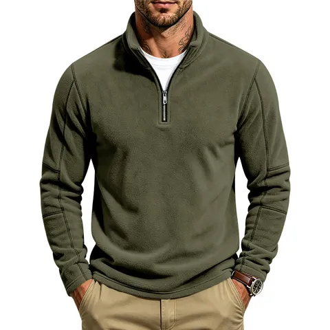 Men's Casual Polar Fleece Sweatshirt Half Zip Stand Collar Thermal Knitted Long Sleeve Top Loose Fit Pullover For Autumn Winter Outwear