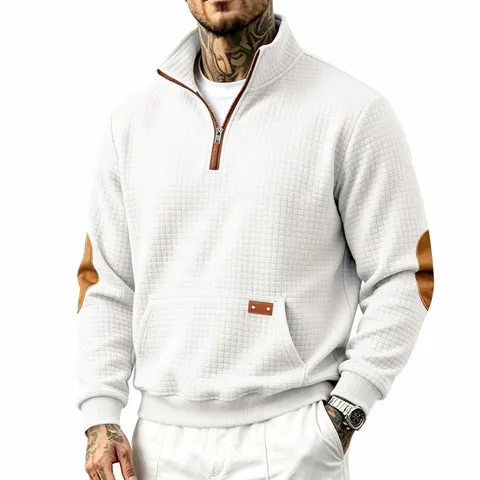Men's American Retro 1/4 Zip Stand Collar Waffle Knit Sweatshirt Embroidered Long Sleeve Pullover With Elbow Patches Pocket