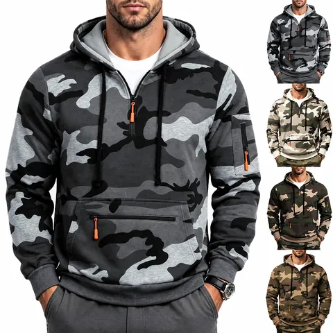 Men Camouflage Fleece Lined Hooded Sweatshirt Outdoor Multi Pocket Knitted Pullover Top Camo Sporty Hoodie