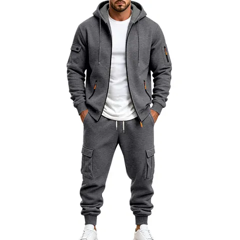Tuta Sportiva da Uomo Giacca con Cappuccio Foderata in Pile Tasche Multiple Pantaloni Cargo con Polsini Set Due Pezzi Invernali