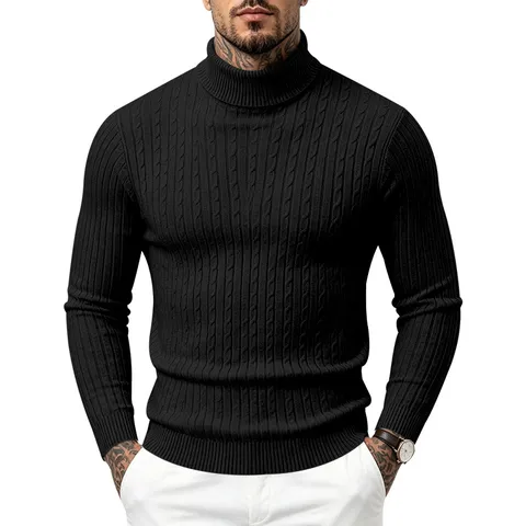 Men's Casual Turtleneck Cable Knit Vertical Striped Long Sleeve Slim Fit Pullover Sweater