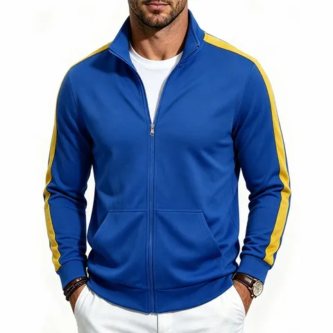 Men's Casual Contrast Stripe Stand Collar Zipper Sweatshirt Jacket Spring Autumn Loose Sporty Polyester Top