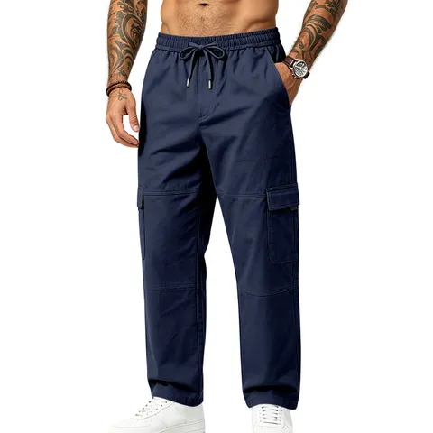 Herren Schwere Cargo-Hose Gerade Multi-Tasche Kordelzug Outdoor Sportliche Freizeit-Hose Dehnbare Arbeitshose