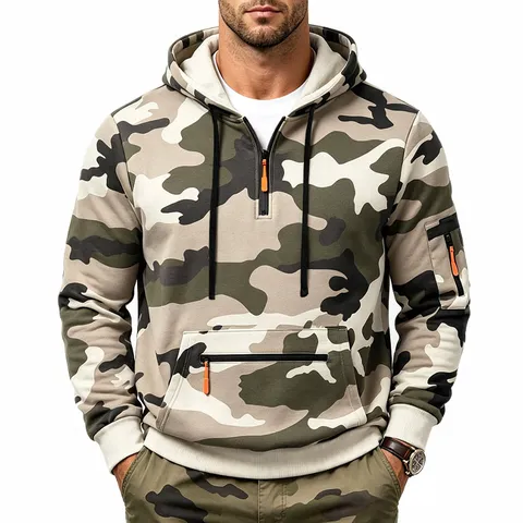 Men Camouflage Fleece Lined Hoodie Winter Warm Thermal Zip Up Sweatshirt Multi Pockets Casual Long Sleeve Hooded Top