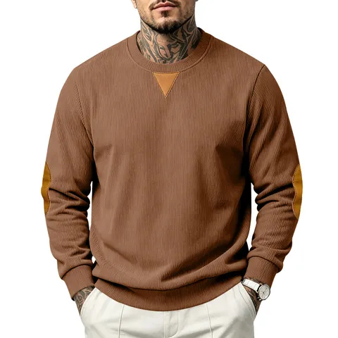 Heren Retro Ribfluweel Ronde Hals Sweatshirt Casual Lange Mouw Pullover Met Leren Patch Basis Herfst Top