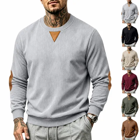 Heren Retro Ribfluweel Ronde Hals Sweatshirt Casual Lange Mouw Pullover Met Leren Patch Basis Herfst Top