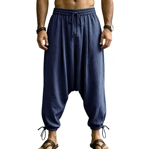 Men's Casual Linen Harem Pants Streetwear Hip Hop Loose Fit Drawstring Tapered Multi-Pocket Casual Long Pants