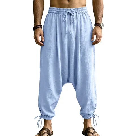 Men's Casual Linen Harem Pants Streetwear Hip Hop Loose Fit Drawstring Tapered Multi-Pocket Casual Long Pants