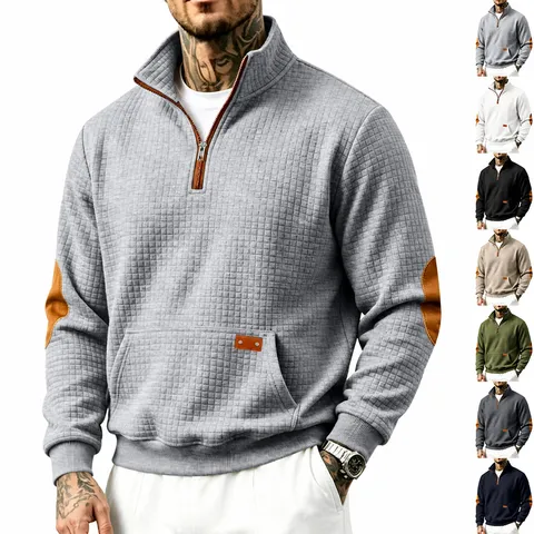 Andriko Casual Stand Collar Half Zip Sweatshirt Vintage Waffle Knit Long Sleeve Pullover Me Tsepi Patchwork