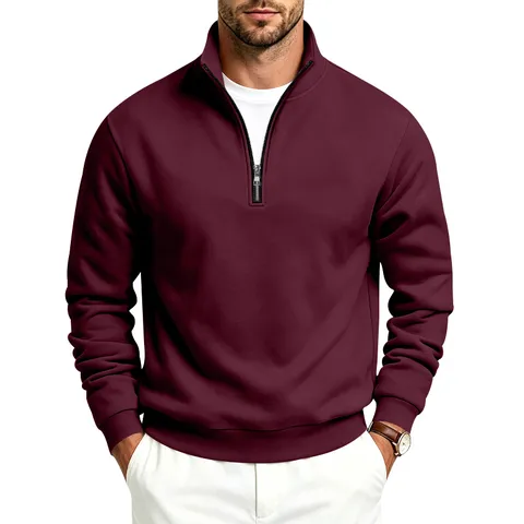 Sudadera Informal de Hombre con Media Cremallera Cuello Alzado Forrada de Forro Polar Invierno Manga Larga Corte Holgado Color Sólido Top Deportivo Diario
