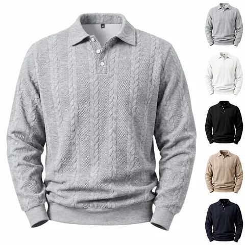 Camisa Polo de Manga Larga Casual para Hombre Textura Jacquard Tejida de Otoño Top Pulóver Color Sólido Moda