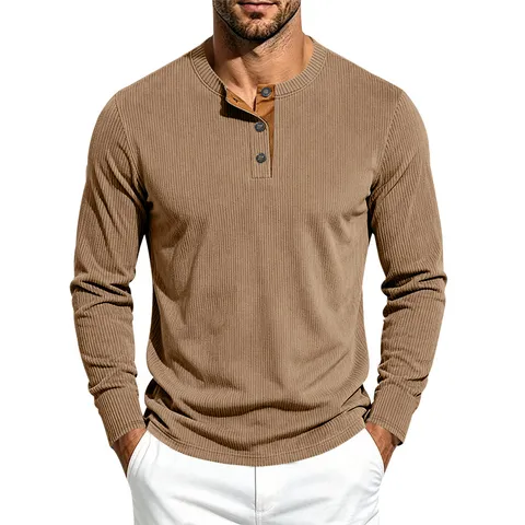 Camisa Henley de Manga Larga Vintage para Hombre Casual Color Contrastante Corte Regular Top de Corduroy Moda de Otoño Ropa