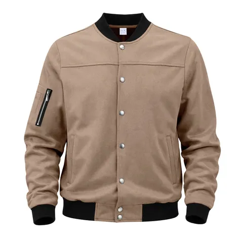 Men's Vintage Suede Pilot Baseball Jacket Casual Loose Stand Collar Outerwear Solid Color Long Sleeve Spring Autumn Coat