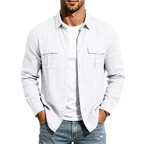 Herren Casual Langarm Leinenhemd Amerikanische Workwear Loose Fit Knopfhemd Mit Doppelten Brusttaschen Einifarbig