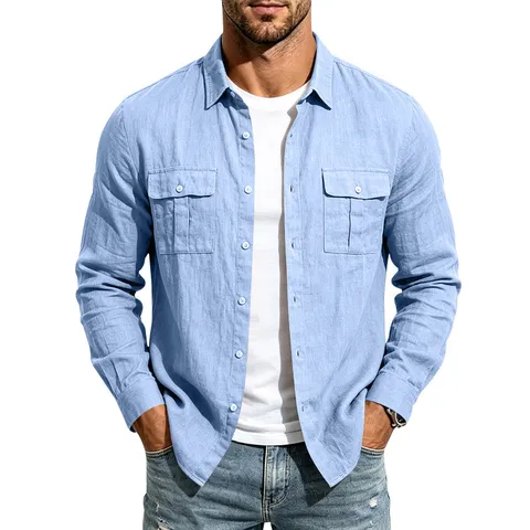 Herren Casual Langarm Leinenhemd Amerikanische Workwear Loose Fit Knopfhemd Mit Doppelten Brusttaschen Einifarbig