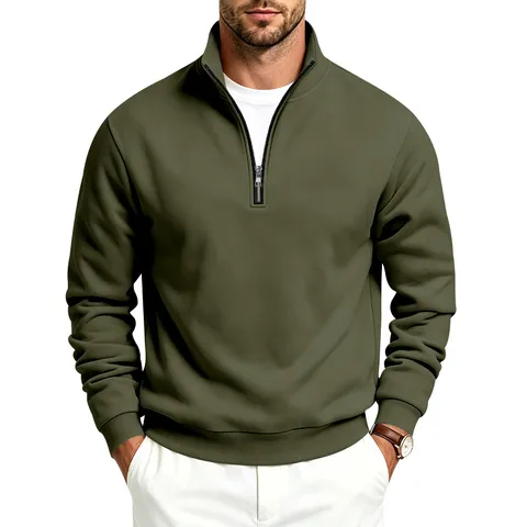 Sudadera Informal de Hombre con Media Cremallera Cuello Alzado Forrada de Forro Polar Invierno Manga Larga Corte Holgado Color Sólido Top Deportivo Diario