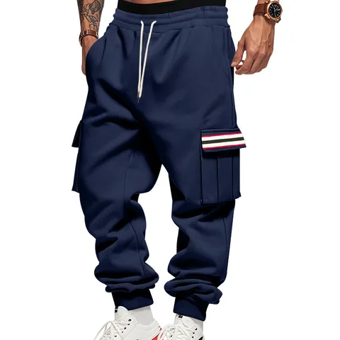 Men Winter Fleece Lined Cargo Sweatpants Casual Thickened Jogger Pants Elastic Drawstring Loose Fit Outdoor Trousers