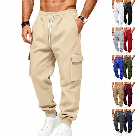Pantaloni Cargo Termici Invernali Felpati da Uomo Stile Casual Americano Largo Gamba Dritta Con Coulisse e Tasche