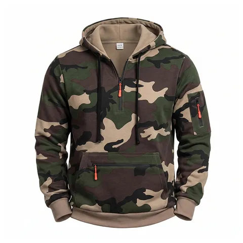 Men's Camouflage Fleece Lined Half Zip Hooded Sweatshirt Winter Outdoor Sports Thermal Pullover Knit Hoodie Top