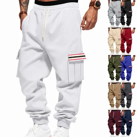 Men Winter Fleece Lined Cargo Sweatpants Casual Thickened Jogger Pants Elastic Drawstring Loose Fit Outdoor Trousers