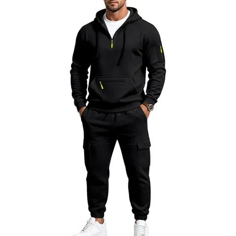 Men's Fleece Lined Hoodie And Cargo Pants Set Casual Outdoor Sportswear Long Sleeve Top And Bottom Tracksuit