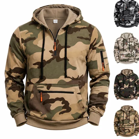 Men's Camouflage Fleece Lined Half Zip Hooded Sweatshirt Winter Outdoor Sports Thermal Pullover Knit Hoodie Top
