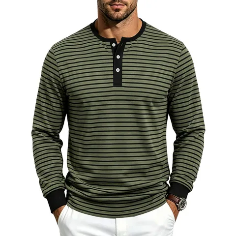 Camisa Henley de Manga Larga Casual para Hombre Retro Rayas Horizontales Jersey Cuello Redondo Tops Básicos Moda Otoño Ropa de Poliéster