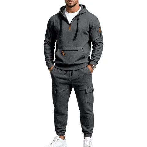 Men's Fleece Lined Hoodie And Cargo Pants Set Casual Outdoor Sportswear Long Sleeve Top And Bottom Tracksuit