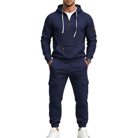 Herren Heavyweight Fleece Kapuzenpullover Und Cargo Hose Set Einfarbig Locker Warm Outdoor Freizeit Sportbekleidung Zweiteiliger Sweatshirt Anzug