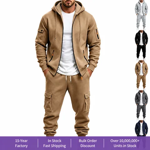 Survêtement de Sport pour Homme Veste à Capuche Doublée Polaire Multipoches Pantalon Cargo à Revers Ensemble Deux Pièces Chaud Hiver