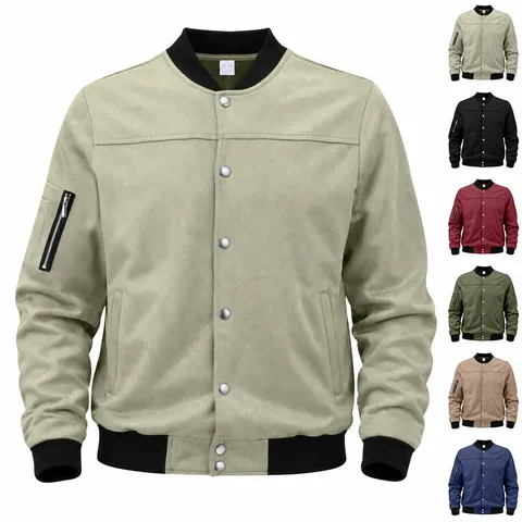 Men's Vintage Suede Pilot Baseball Jacket Casual Loose Stand Collar Outerwear Solid Color Long Sleeve Spring Autumn Coat