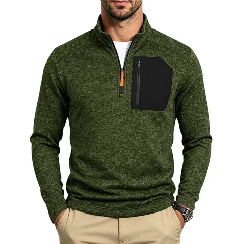 Men's Casual Fleece Lined Sweatshirt Winter Thermal 1/4 Zip Stand Collar Long Sleeve Pullover With Chest Pocket