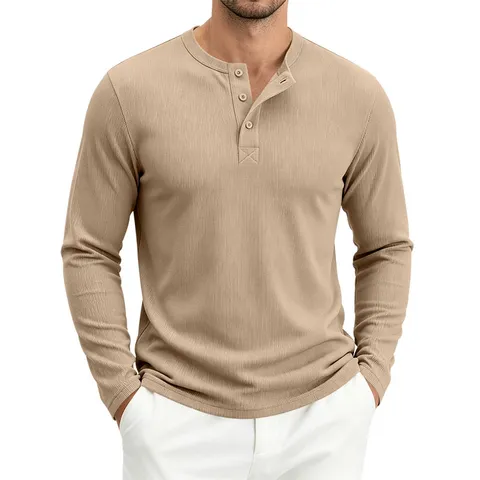 Herren Casual Langarm Henley Shirt Einfarbig Regular Fit Bequeme Polyester Atmungsaktives Basic Top