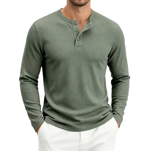 Herren Casual Langarm Henley Shirt Einfarbig Regular Fit Bequeme Polyester Atmungsaktives Basic Top
