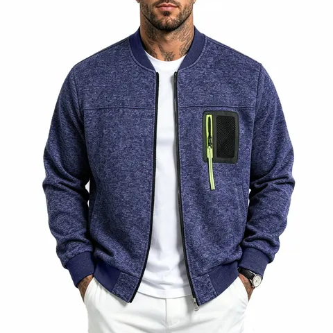 Men's Knitted Baseball Collar Jacket Casual Long Sleeve Zip Pocket Outerwear Solid Color Coat