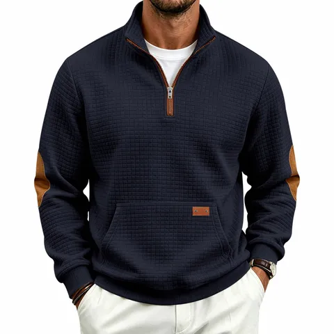 Men's Half Zip Stand Collar Sweatshirt Waffle Grid Texture Casual Long Sleeve Top With Elbow Patches Autumn Winter Apparel