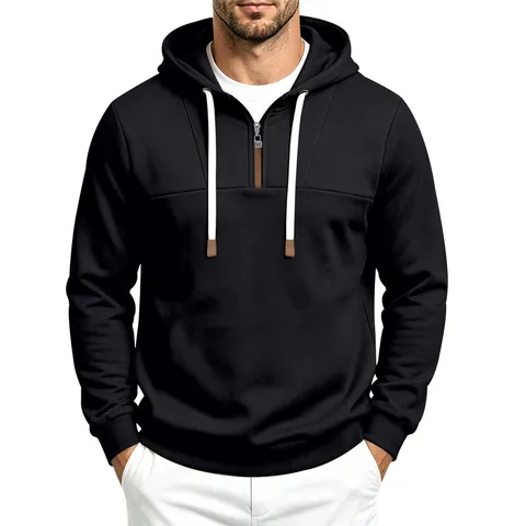 Herren Casual Langarm Halb-Reißverschluss Kapuzenpullover Einfern Farbig Lose Passform Hoodie
