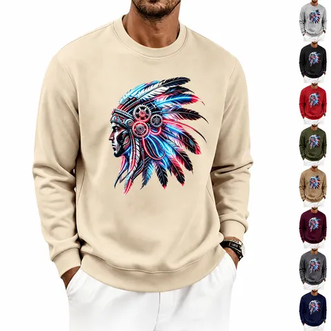 Men's Casual Crew Neck Sweatshirt Long Sleeve Loose Fit Plus Velvet Pullover Streetwear Indian Graphic Print Top