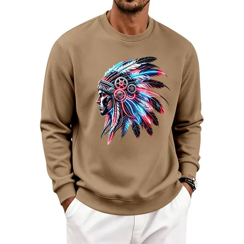 Men's Casual Crew Neck Sweatshirt Long Sleeve Loose Fit Plus Velvet Pullover Streetwear Indian Graphic Print Top