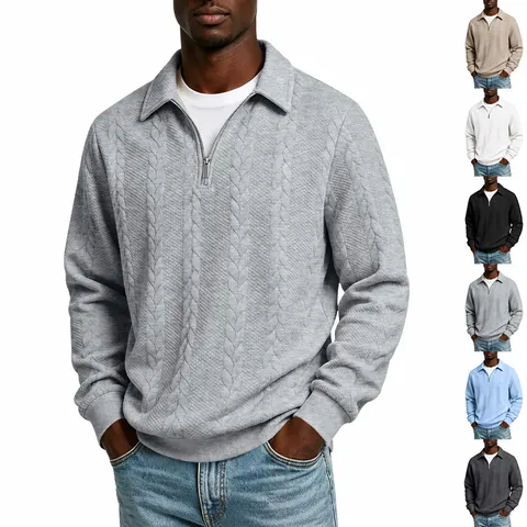 Heren Casual Lange Mouw Polo Sweatshirt Effen Kleur Losse Pasvorm Gebreid Trui Kwart Rits Herfst Top Mode
