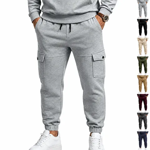 Men's Casual Fleece Lined Cargo Sweatpants Autumn Winter Loose Fit Jogger Pants With Pockets Drawstring Activewear