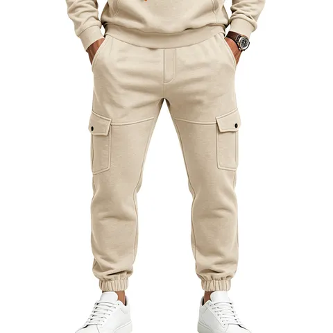 Men's Casual Fleece Lined Cargo Sweatpants Autumn Winter Loose Fit Jogger Pants With Pockets Drawstring Activewear