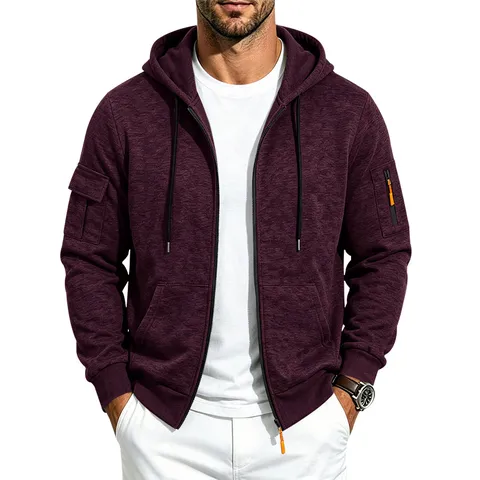Men's Heavyweight Fleece Lined Hooded Sweatshirt Full Zip Multi-Pocket Casual Cargo Jacket Loose Fit Outerwear Top