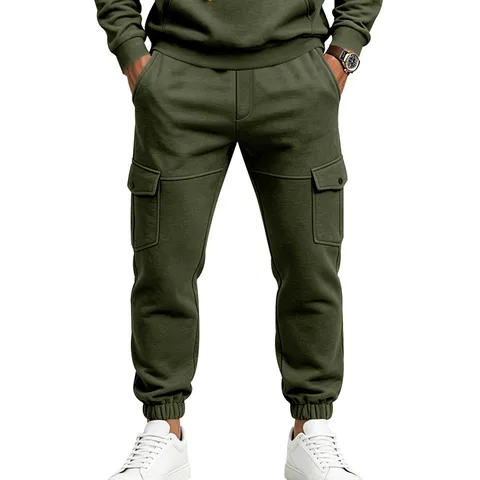 Pantalon Cargo en Polaire Épaisse pour Hommes Décontracté Multi-poches Jogging Chaud d'Hiver Pantalon de Sport Couleur Unie avec Cordon