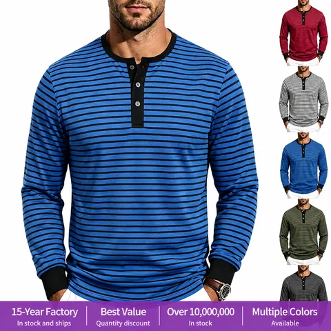 Camisa Henley de Manga Larga Casual para Hombre Retro Rayas Horizontales Jersey Cuello Redondo Tops Básicos Moda Otoño Ropa de Poliéster