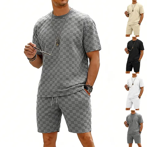Heren Zomer Schachbord Gebreid T-Shirt en Shorts Set Casual Losse Korte Mouw Top en Onderkant Trainingspak
