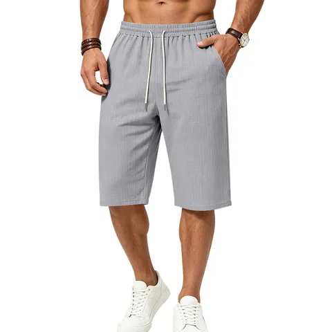 Men's Casual Knit Capri Shorts Loose Fit Lightweight Drawstring Elastic Waist Solid Color Summer Pants Men Clothing