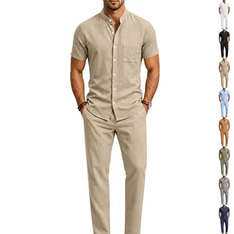 Ensemble Deux Pièces Décontracté en Mélange de Lin pour Homme Chemise à Manches Courtes Col Mao et Pantalon Long Vêtement de Plage d'Été